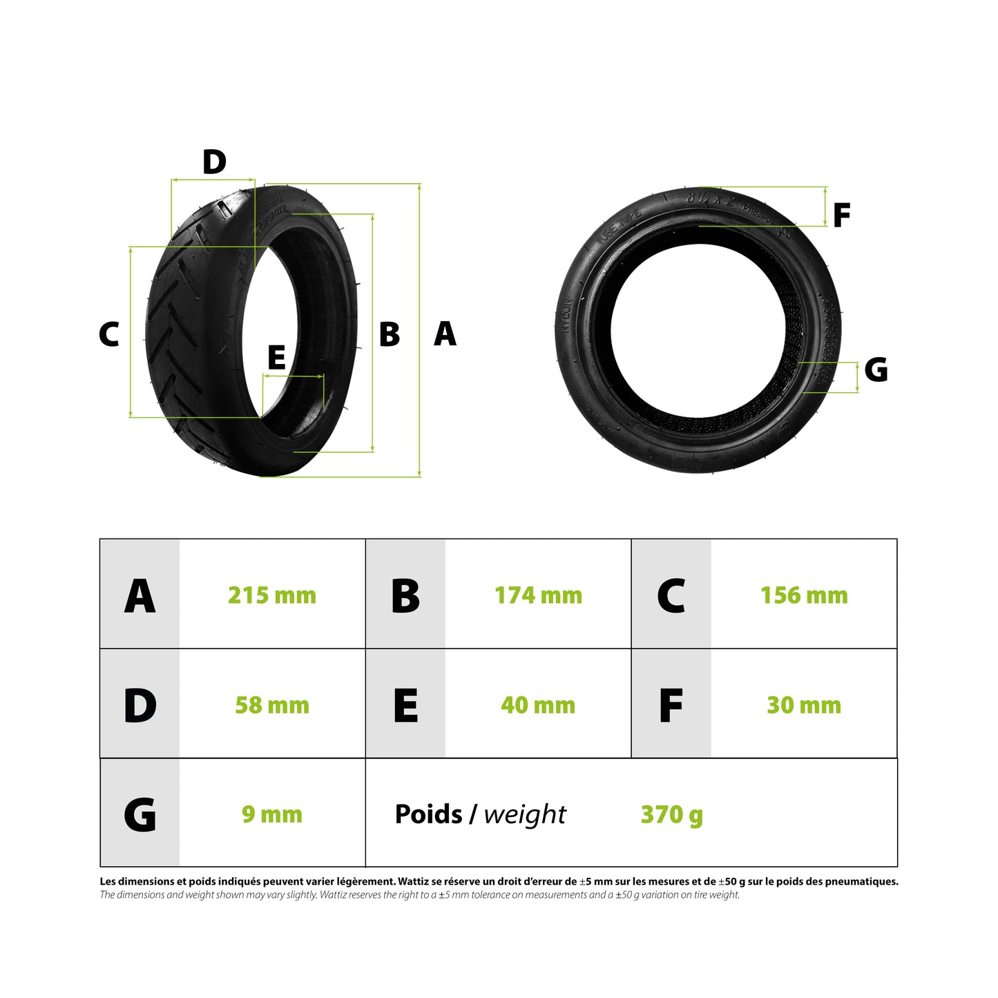 Pneu gonflable 8,5x2 pouces (50/75-6,1) – Xiaomi M365 / Pro / Pro 2 / 1S / Essential – Pneu à chambre à air Wanda Standard