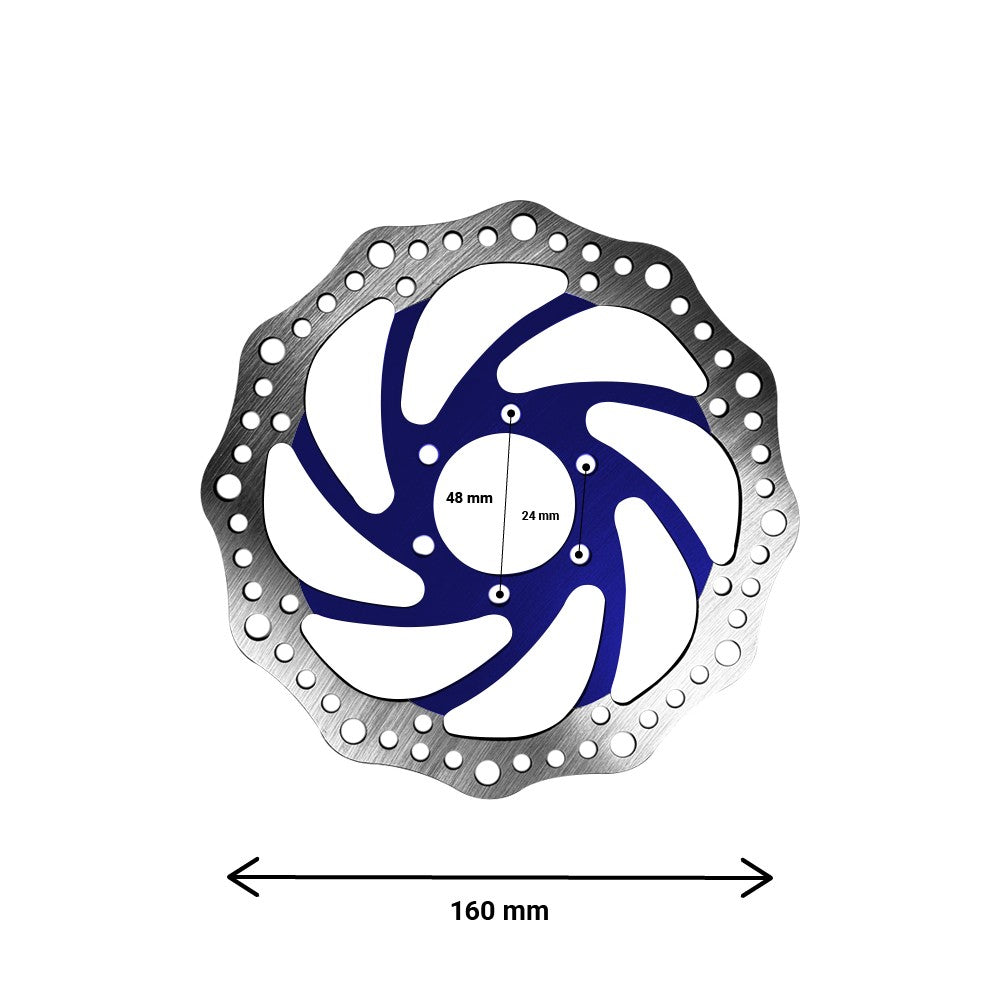 Rotor de freno R6 de 160 mm, círculo de orificios de 48 mm – 6 orificios para patinete eléctrico y bicicleta eléctrica, azul