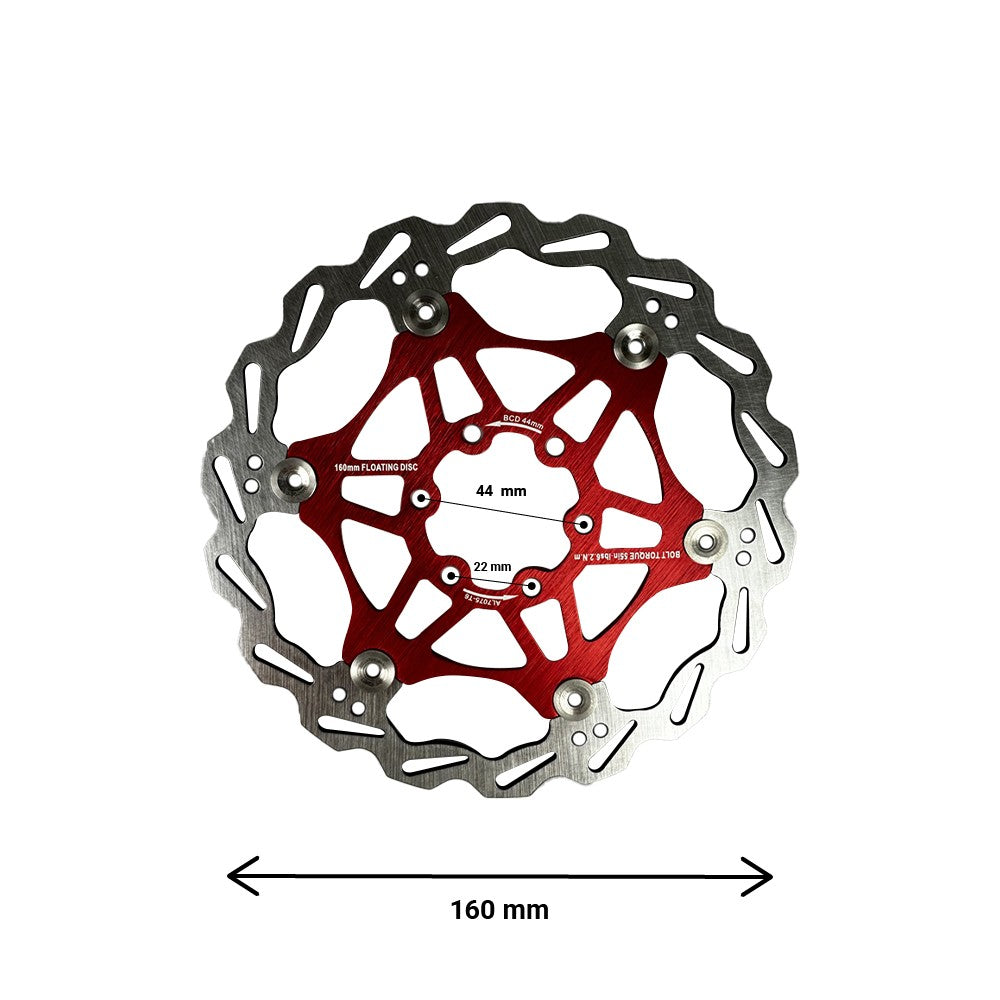 Disco de freno flotante 160 mm círculo de agujeros de 44 mm - Disco flotante de 6 agujeros patinete eléctrico bicicleta eléctrica rojo